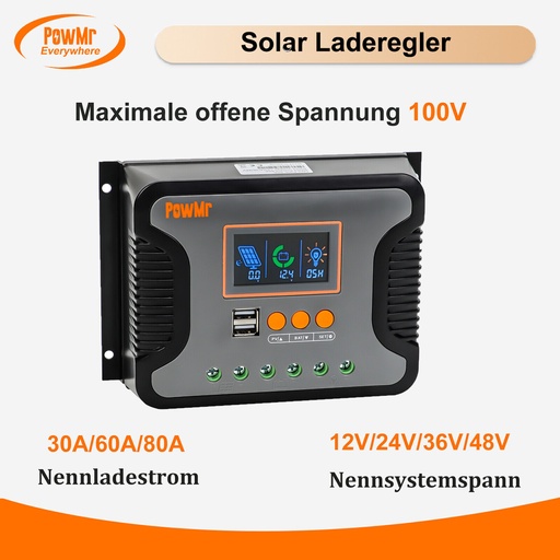 [Pstar-80A] 3.8kW Powmr PWM 80A 60A Solar Charger Dual USB 100V 12V - 48V